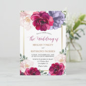 Marineblauw Bourgondië Blush Bloemen Luxe bruiloft Kaart (Staand voorkant)