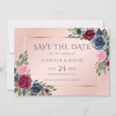 Marineblauw Bourgondië Blush Roze Gouden Bloemen Save The Date (Voorkant)