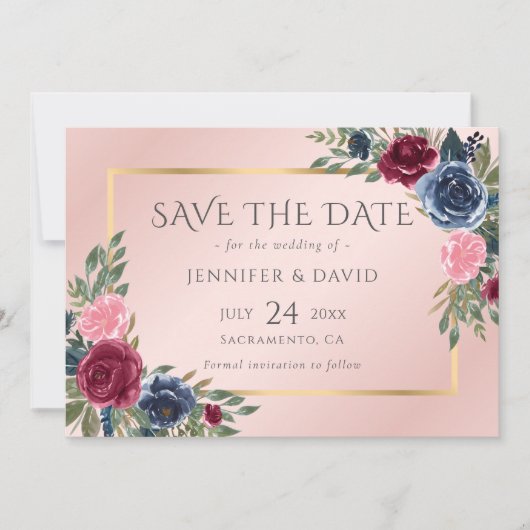 Marineblauw Bourgondië Blush Roze Gouden Bloemen Save The Date (Voorkant)