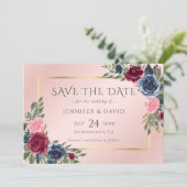Marineblauw Bourgondië Blush Roze Gouden Bloemen Save The Date (Staand voorkant)