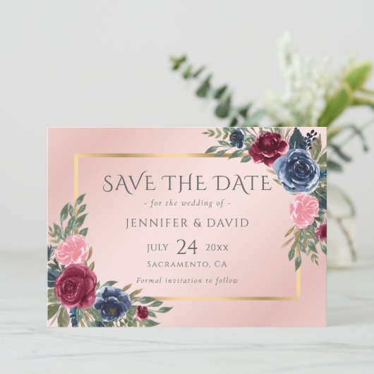 Marineblauw Bourgondië Blush Roze Gouden Bloemen Save The Date (Staand voorkant)