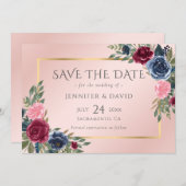 Marineblauw Bourgondië Blush Roze Gouden Bloemen Save The Date (Voorkant / Achterkant)