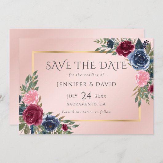 Marineblauw Bourgondië Blush Roze Gouden Bloemen Save The Date (Voorkant / Achterkant)