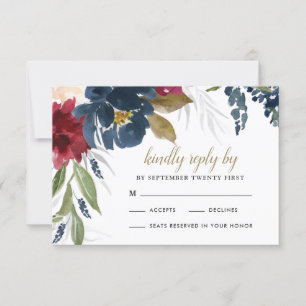 Marineblauw Bourgondië Blush Roze Zilver Goud Brui RSVP Kaartje