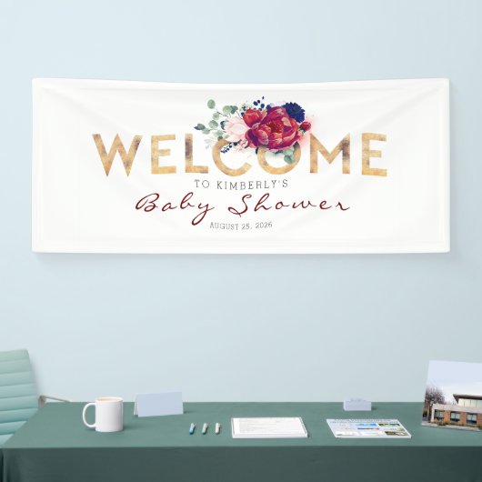 Marineblauw Bourgondië en Goud Baby shower Spandoek (Beurs)