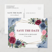 Marineblauw Bourgondië Floral Geometric Save the D Aankondigingskaart (Voorkant / Achterkant)