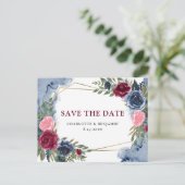 Marineblauw Bourgondië Floral Geometric Save the D Aankondigingskaart (Staand voorkant)
