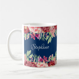 Marineblauw Bourgondië Floral gepersonaliseerde na Koffiemok
