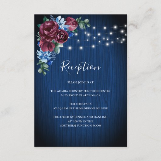 Marineblauw Bourgondië Floral String Lights Bruilo Informatiekaartje (Voorkant)