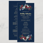 Marineblauw Bourgondië Floral Wedding Flat Program Programmakaart (Voorkant / Achterkant)