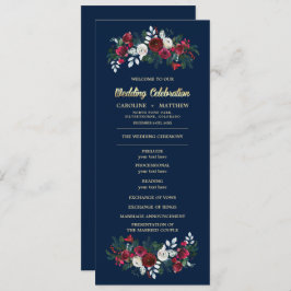 Marineblauw Bourgondië Floral Wedding Flat Program Programmakaart