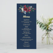 Marineblauw Bourgondië Floral Wedding Menu Kaarten (Staand voorkant)