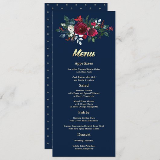 Marineblauw Bourgondië Floral Wedding Menu Kaarten (Voorkant / Achterkant)