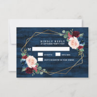 Marineblauw Bourgondië Goud Roze Bruiloft RSVP Kaa