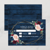 Marineblauw Bourgondië Goud Roze Bruiloft RSVP Kaa Kaartje (Voorkant / Achterkant)