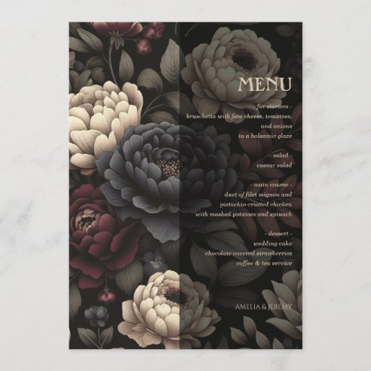 Marineblauw & Bourgondië Moody Floral Menu (Voorkant)