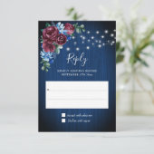 Marineblauw Bourgondië String Lights Bloemenbruilo RSVP Kaartje (Staand voorkant)