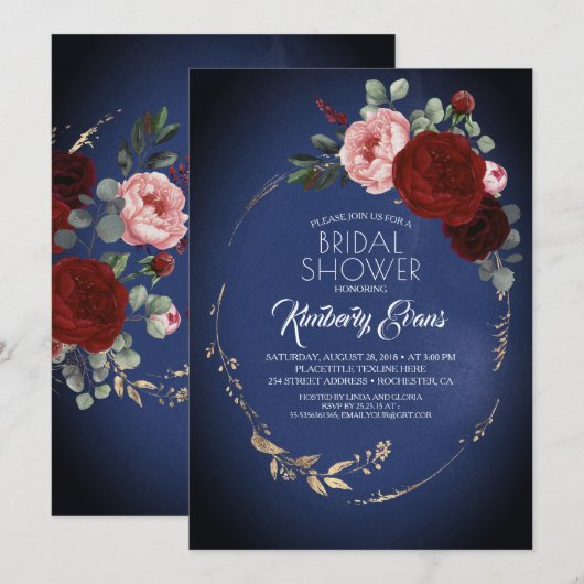 Marineblauw Bourgondisch rood bloemig Vrijgezellen Kaart (Voorkant / Achterkant)