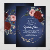Marineblauw Bourgondisch rood en goud bloemig Baby Kaart (Voorkant / Achterkant)