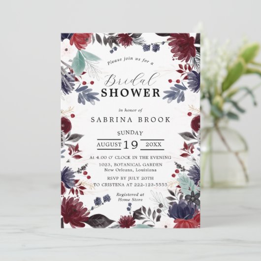 Marineblauw Bourgondisch rood gotisch bloemig Vrij Kaart (Staand voorkant)