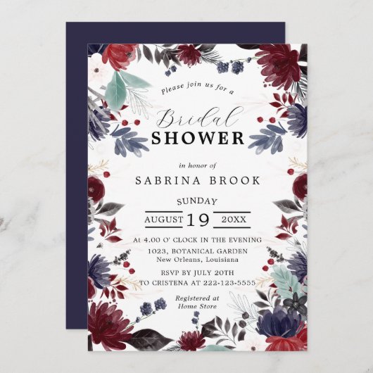 Marineblauw Bourgondisch rood gotisch bloemig Vrij Kaart (Voorkant / Achterkant)