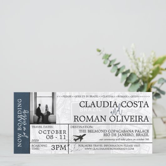Marineblauw Brazilië Bruiloft Boarding Pass Uitnod (Staand voorkant)