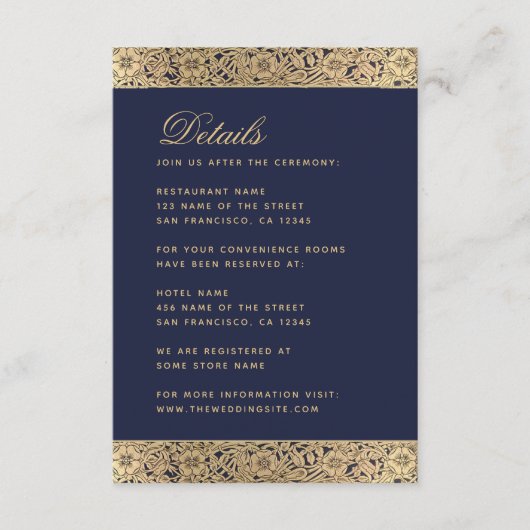 Marineblauw bruiloft Details - gouden Rozen Informatiekaartje (Voorkant)