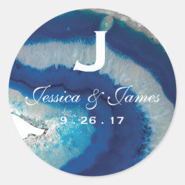 Marineblauw Bruiloft Monogram Datum | Agaat Ronde Sticker