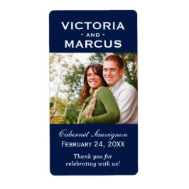 Marineblauw Bruiloft Monogram Foto Wijnfles Favor Etiket