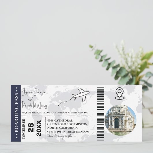 Marineblauw Bruiloft uitnodiging Boarding pass tic (Staand voorkant)