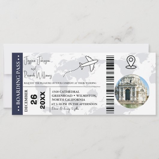 Marineblauw Bruiloft uitnodiging Boarding pass tic (Voorkant)
