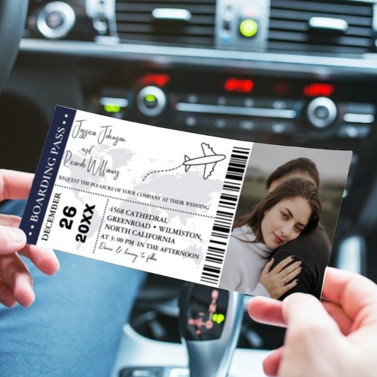 Marineblauw Bruiloft uitnodiging Boarding pass tic