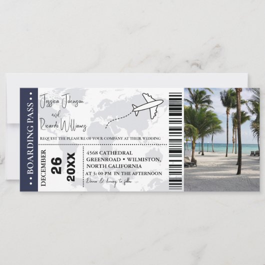 Marineblauw Bruiloft uitnodiging Boarding pass tic (Voorkant)