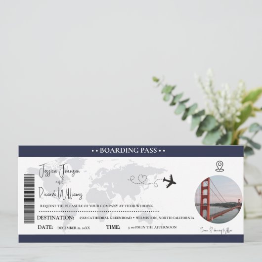 Marineblauw Bruiloft uitnodiging Boarding pass tic (Staand voorkant)