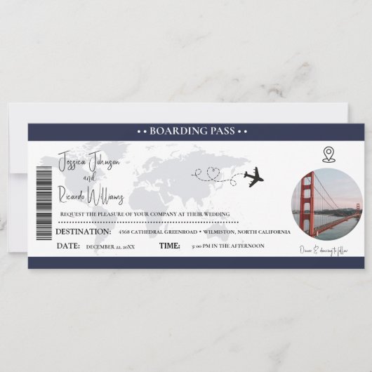 Marineblauw Bruiloft uitnodiging Boarding pass tic (Voorkant)
