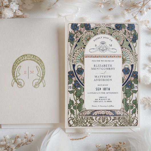 Marineblauw Bruiloft Uitnodigingen Art Nouveau Muc