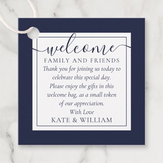 Marineblauw Bruiloft Welkom Gift Basket Bag Bedankjes Labels (Voorkant)