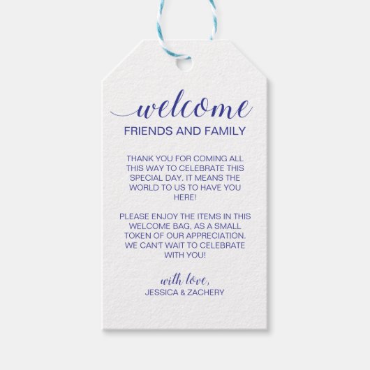 Marineblauw Bruiloft Welkom Gift Basket Bag Cadeaulabel (Voorkant)