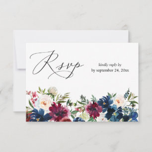 Marineblauw, Burgundy & Witte Bloemen met Eten RSVP Kaartje