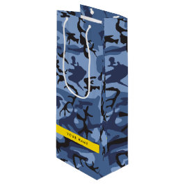 Marineblauw Camouflage Je naam Personaliseer Wijn Cadeautas