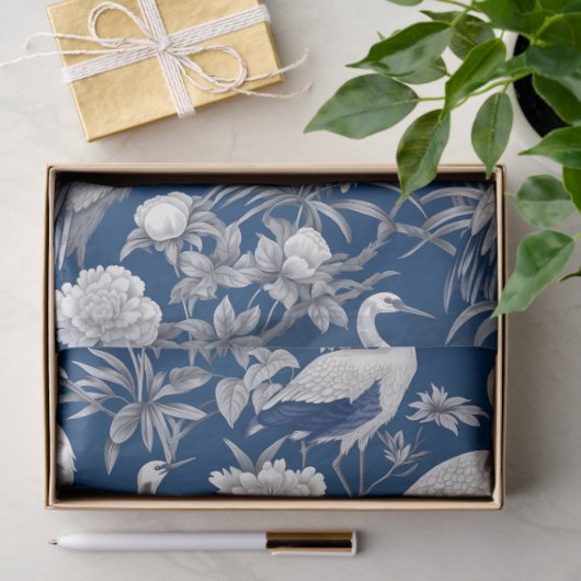 marineblauw China vogels en bloemen Tissuepapier (Geschenk)