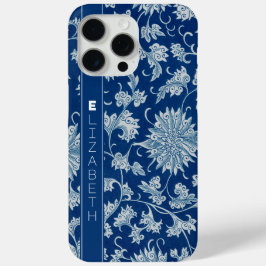 Marineblauw  Chinees bloempatroon met naam iPhone 15 Pro Max Hoesje