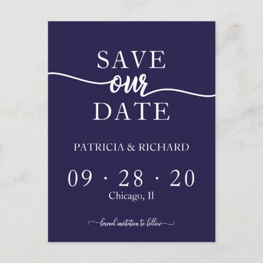 Marineblauw chique kalligrafie bruiloft Save the D Briefkaart (Voorkant)