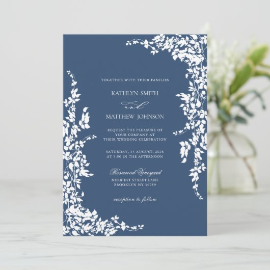 Marineblauw Classic Bloementuin Bruiloft Kaart (Staand voorkant)