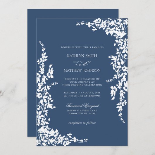 Marineblauw Classic Bloementuin Bruiloft Kaart (Voorkant / Achterkant)