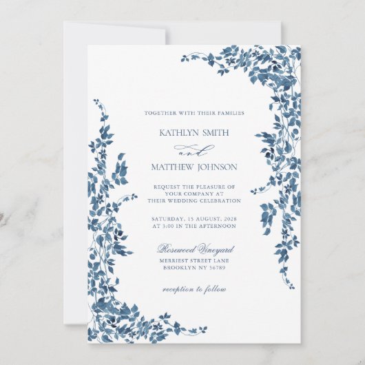 Marineblauw Classic  Bloementuin Bruiloft Kaart (Voorkant)