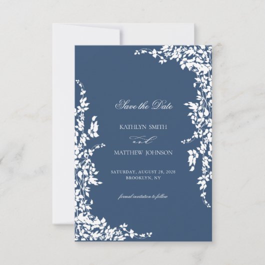 Marineblauw Classic  Bloementuin Bruiloft Save The Date (Voorkant)