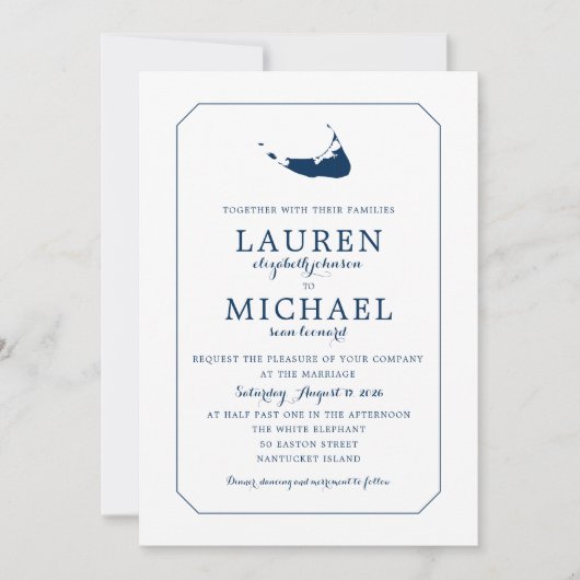 Marineblauw Classic Nantucket Island Kaart Bruilof (Voorkant)
