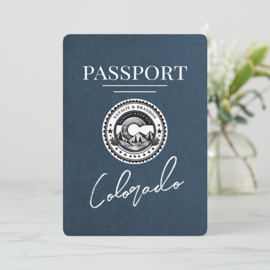 Marineblauw Colorado Passport Save the Date (Staand voorkant)