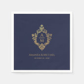 Marineblauw  Crest Monogram Faux Gold Bruiloft Servet (Voorkant)